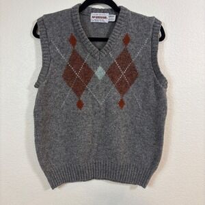 McGregor Sweater Vest Women L Gray Vintage Argyle Wool Blend V-Neck Preppy